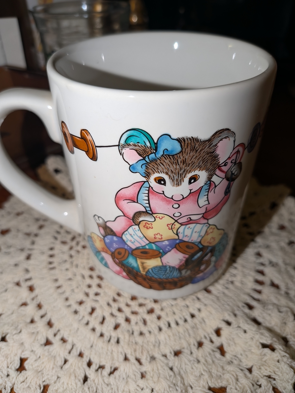 Cute Sewing Mouse Ceramic Mug - White with Pastel Accents